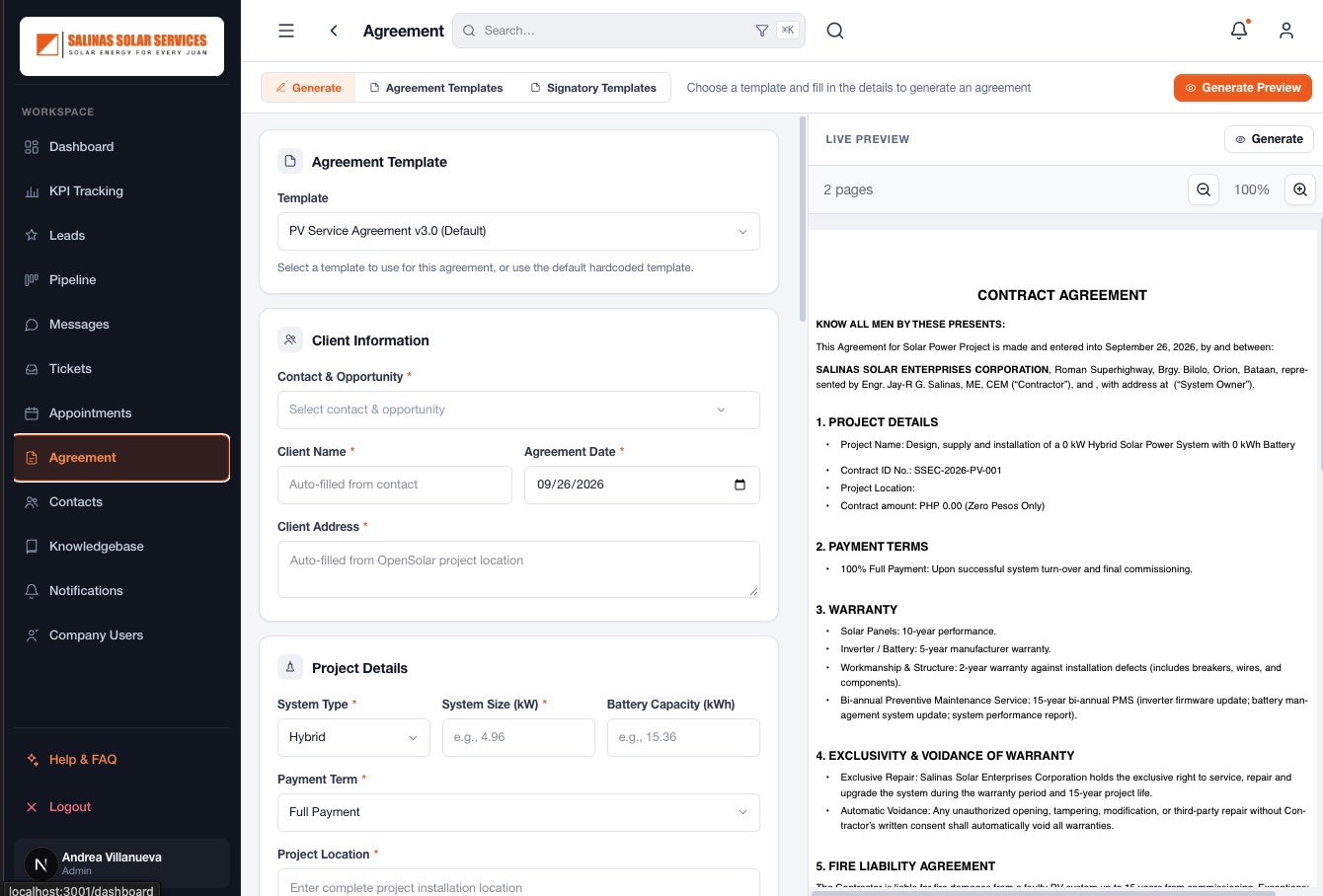 Salinas Solar CRM screenshot